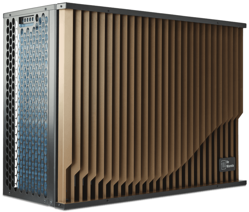 Diagonaal perspectief van de Pomp-AO hybride warmtepomp, gepresenteerd als impressie door DeWarmte.